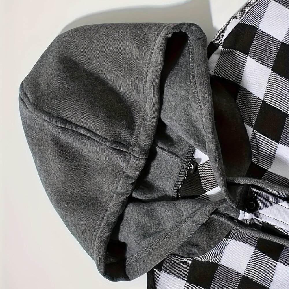 Men's Flannel Hoodie Jacket Casual Long Sleeve Button Down Plaid Shirt White - Picture 3 of 5